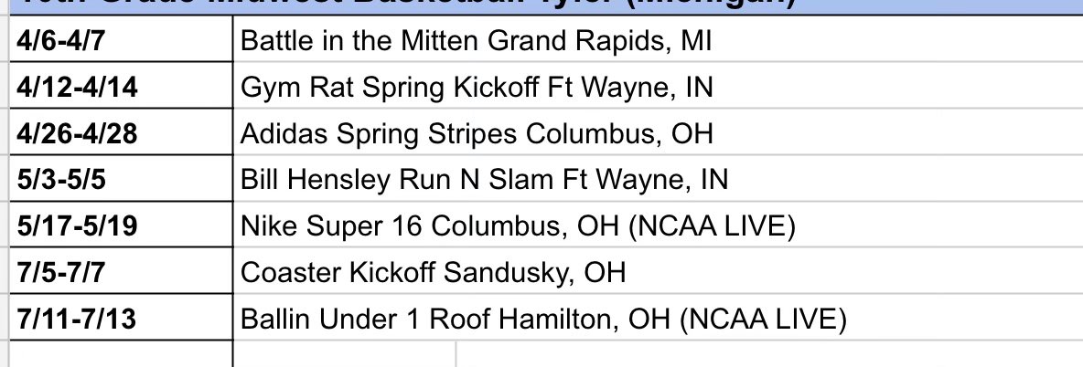 Tournament schedule. Looking for skilled players that want to play at the college level!!!