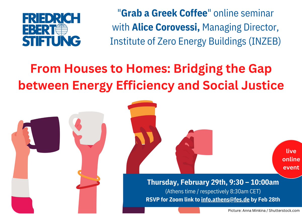 🚨 Event alert 🚨 ⭐ Are you curious about how to bridge the gap between #energyefficiency & social justice? @alicecorovessi from @inzebORG, is partaking in this @FESonline seminar tomorrow morning on exactly that! ▶ Email info.athens@fes.de to sign up