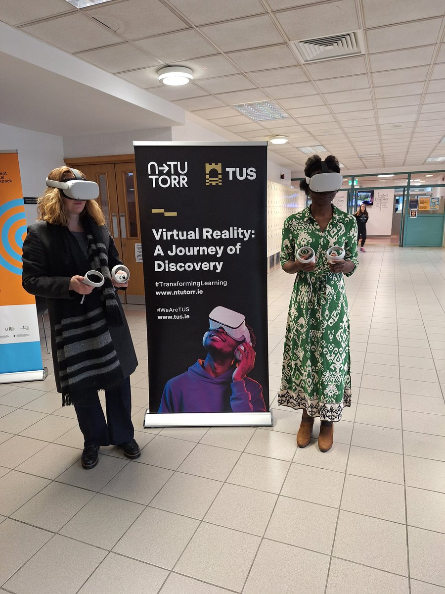 RhonaTus's tweet image. Lovely to have a visit from Julie and Modesta from the HEA as part of N-TUTORR Week. They even tried out our VR sets! #ntutorrweek #NextGenerationEU