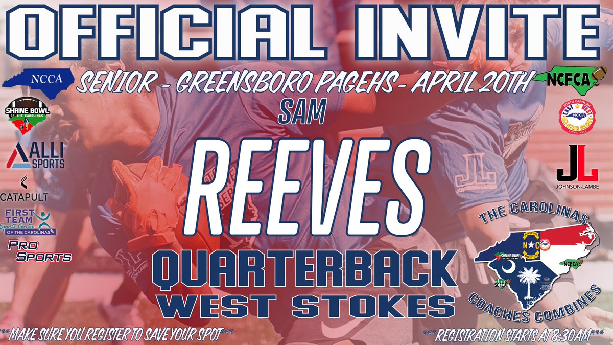 Congratulations on being selected to the Carolinas Coaches Combines Senior (c/o 2025) at Greensboro Page! See you on April 20 at 8:30am! Check your email to register! #CarolinasCoaches24 @JohnsonLambe @weststokesfb @AyddenCherry @official_kobem7 @streeves12