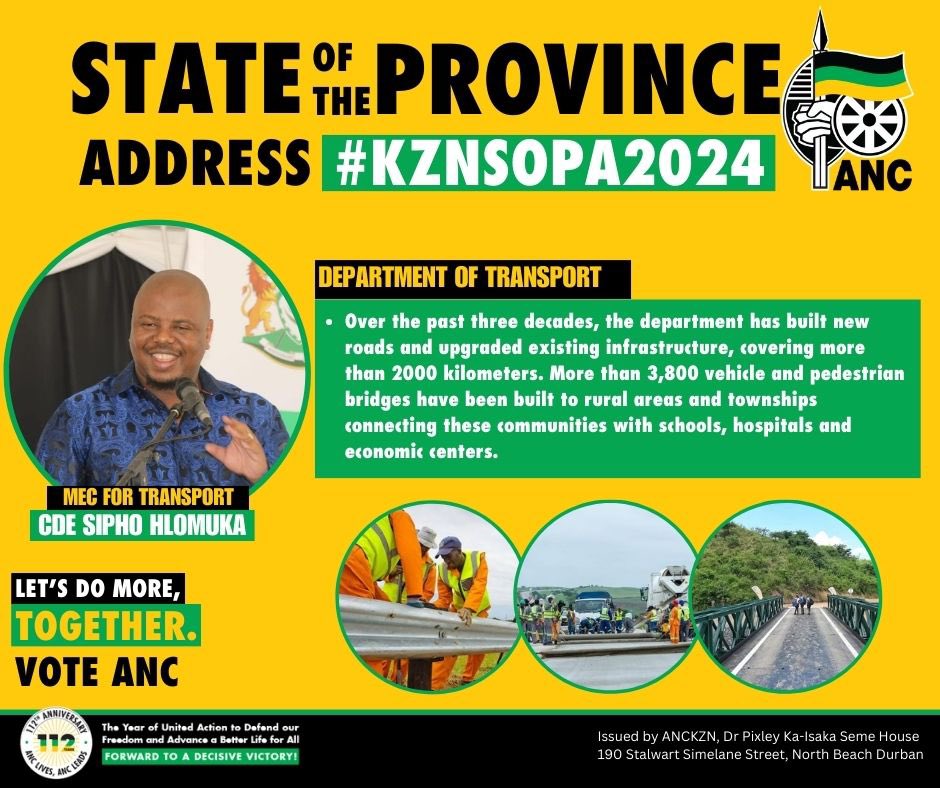 The KwaZulu-Natal Department of Transport’s efforts have significantly improved transportation infrastructure and services, positively impacting the lives of residents and contributing to socio-economic development in the province.

#KZNSOPA2024 
#ANC112
#VoteANC2024