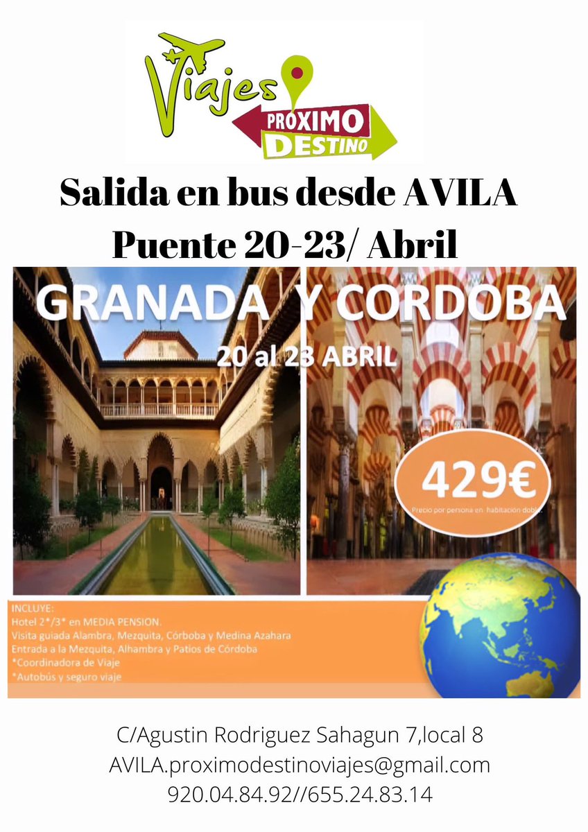 Y de puente a puente …..
COMUNIDAD DE CASTILLA Y LEON 20-23/04/2024
Granada y Córdoba…. Te vienes?
#CASTILLAYLEON #comunidadautónoma #Comuneros #fiesta #Abril #TuAgenciaDeViajes #avila #viajesproximodestino