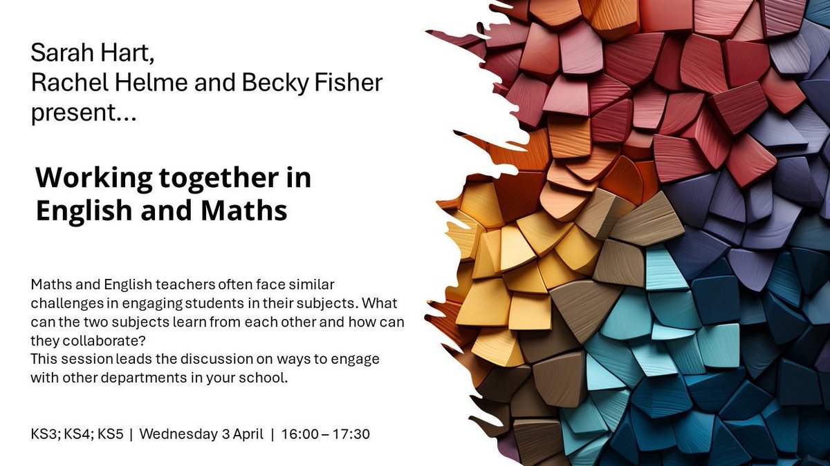 Collaboration across departments is key to engaging students in Maths and English classes. Get ideas for effective engagement and communication in this session. buff.ly/3wxSuW9 @sarahlovesmaths @EnglishAssoc @HelmeRachel