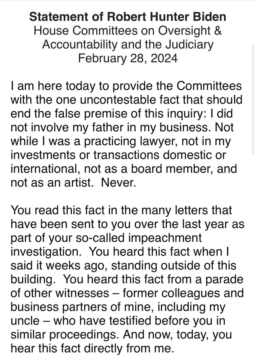 Hunter Biden is telling lawmakers that his appearance today “should put an end to this baseless and destructive political charade,” adding that he “never” involved his father in his own professional matters, according to a copy of his opening statement obtained by ⁦@ABC⁩