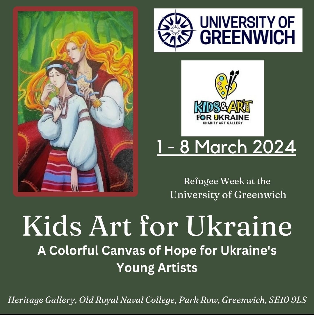 CostadelMargate's tweet photo. Weds, 6th March 2024 at the Heritage Gallery, 
Old Royal Naval College,
Greenwich
Free Art Show, 'Kids Art for Ukraine'
Please RSVP on link below. 
https://t.co/gsdjj4vLfP
#Ukraine️ #Refugees #KidsArt #UniversitiesRefugeeWeek https://t.co/VCUzhiIdeB