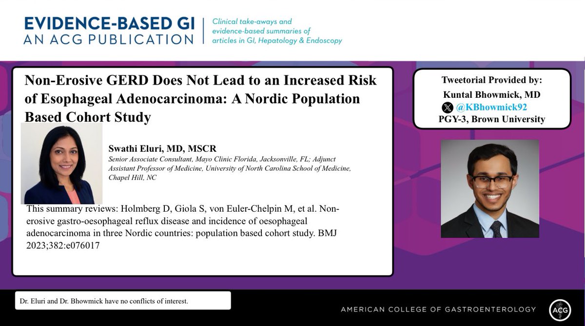 1/ ⏰ for #EBGI 🧵w/ @KBhowmick92! “Non-Erosive GERD Does Not Lead to an Increased Risk of Esophageal Adenocarcinoma: A Nordic Population Based Cohort Study” 📜 - shorturl.at/pJP56 🎧 - shorturl.at/htzA2 📰 - shorturl.at/hrtuZ #GITwitter