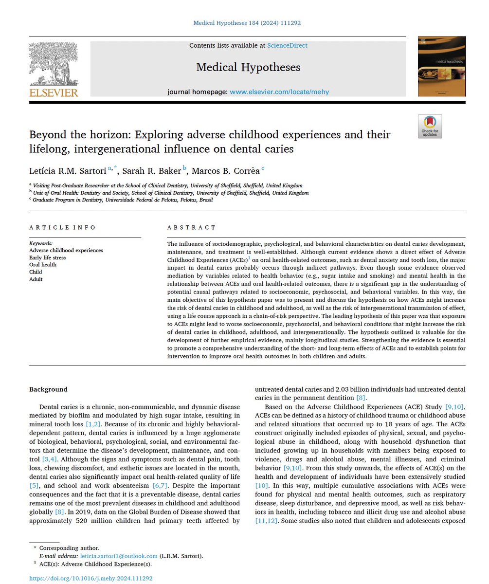 In #dentistry we tend not to publish many solely theoretical papers - those that describe theories, ideas, hypotheses. Yet, theoretical papers are **hugely** important to foster debate & stimulate new ideas. Here👇is such a paper on how exposure to Adverse Childhood…