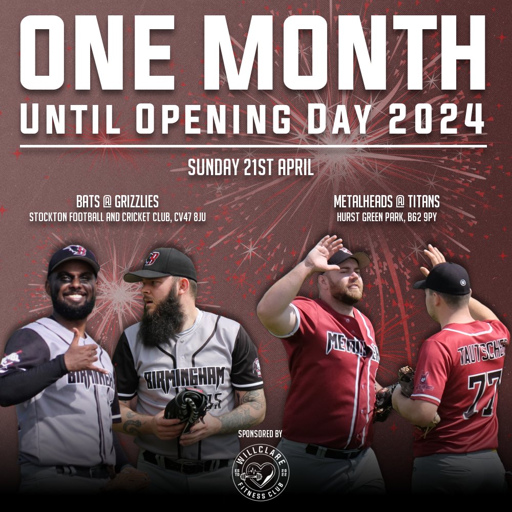 Just ONE month until we get real life Metalheads & Bats baseball! Sponsors 🏋️ Willclare Fitness Club #BirminghamBaseball #Birmingham #BirminghamUK #Solihull #MLBUK #GreatBritainBaseball #BritishBaseballFederation #BaseballSoftballUK