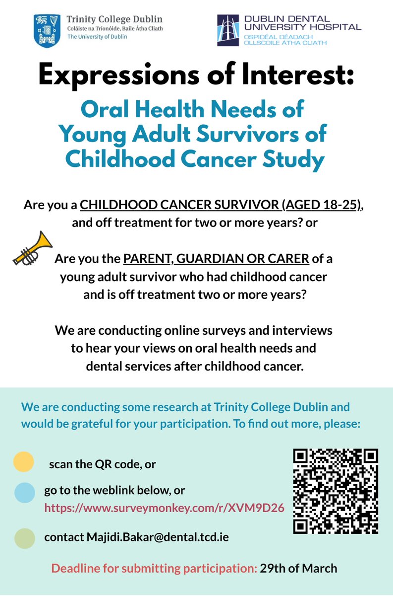 Inviting childhood cancer survivors (aged 18-25) and their parents, guardians or caregivers in Ireland to share their views on oral health needs and dental services after childhood cancer. Deadline 29th March @kirsten_fitzg @brettduane2 @BriMJohnston