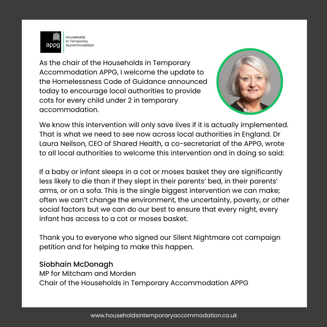 Households in Temporary Accommodation APPG (@ta_appg) on Twitter photo CAMPAIGN WIN: The government has updated the Homelessness Code of Guidance to include cots for children under 2 in temporary accommodation. Thank you to everyone who signed our petition.
gov.uk/guidance/homel…
A statement from our chair <a href="/Siobhain_Mc/">Siobhain McDonagh</a>: CAMPAIGN WIN: The government has updated the Homelessness Code of Guidance to include cots for children under 2 in temporary accommodation. Thank you to everyone who signed our petition.
gov.uk/guidance/homel…
A statement from our chair <a href="/Siobhain_Mc/">Siobhain McDonagh</a>: