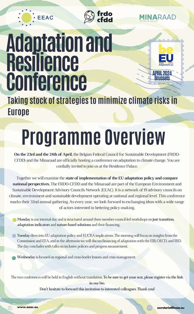 The 32nd Annual EEAC Conference on "Adaptation and Resilience” is coming up in April!

We welcome you to participate in our exchanges and discussions on climate adaptation and resilience! 🌱

For more info &amp; sign up use the link in our bio. See you in Brussels!

#EEAC32Brussels