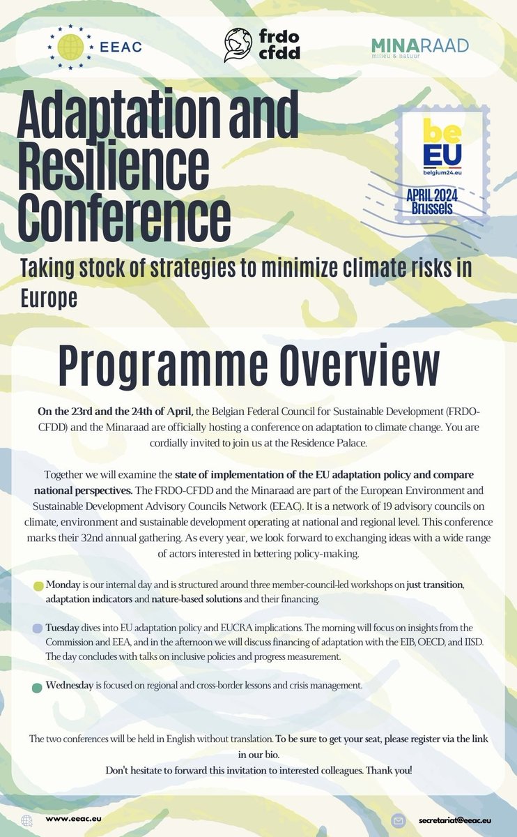 The 32nd Annual EEAC Conference on 'Adaptation and Resilience” is coming up in April! We welcome you to participate in our exchanges and discussions on climate adaptation and resilience! 🌱 For more info & sign up use the link in our bio. See you in Brussels! #EEAC32Brussels