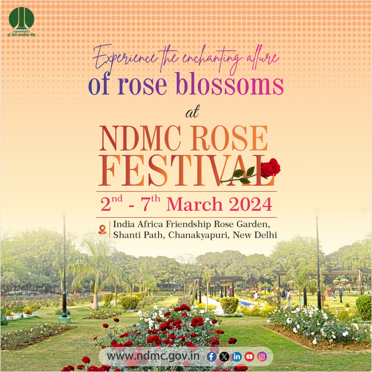 After successful completion of #TulipFestival, NDMC is now organizing the Rose Festival from 2nd to 7th March 2024 at India Africa Friendship Rose Garden, Shanti Path, Chanakyapuri, New Delhi. #NDMCRoseFestival