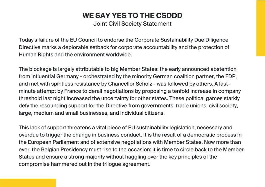 Como Red EU-LAT lamentamos profundamente el rechazo de la Directiva de #DebidaDiligencia el día de hoy. El texto previamente acordado con @Europarl_EN contaba con apoyo transversal de la ciudadanía, sindicatos y empresas. Nos unimos a @ECCJorg y 140 ONGs en esta declaración 👇