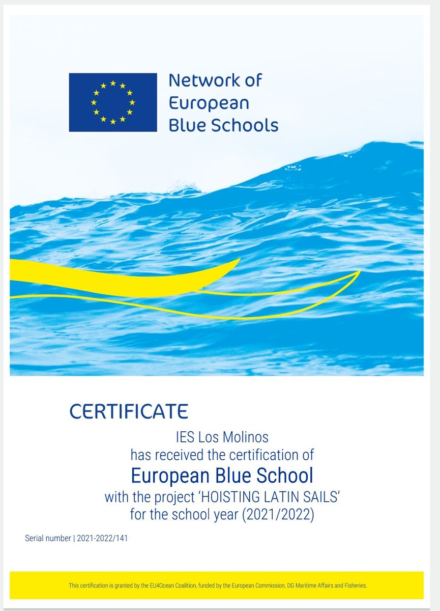 Por fin nos ha llegado nuestro certificado @ieslosmolinosCT seguimos creando redes @emseassociation #EU4Ocean #EUBlueSchools #OceanLiteracy.