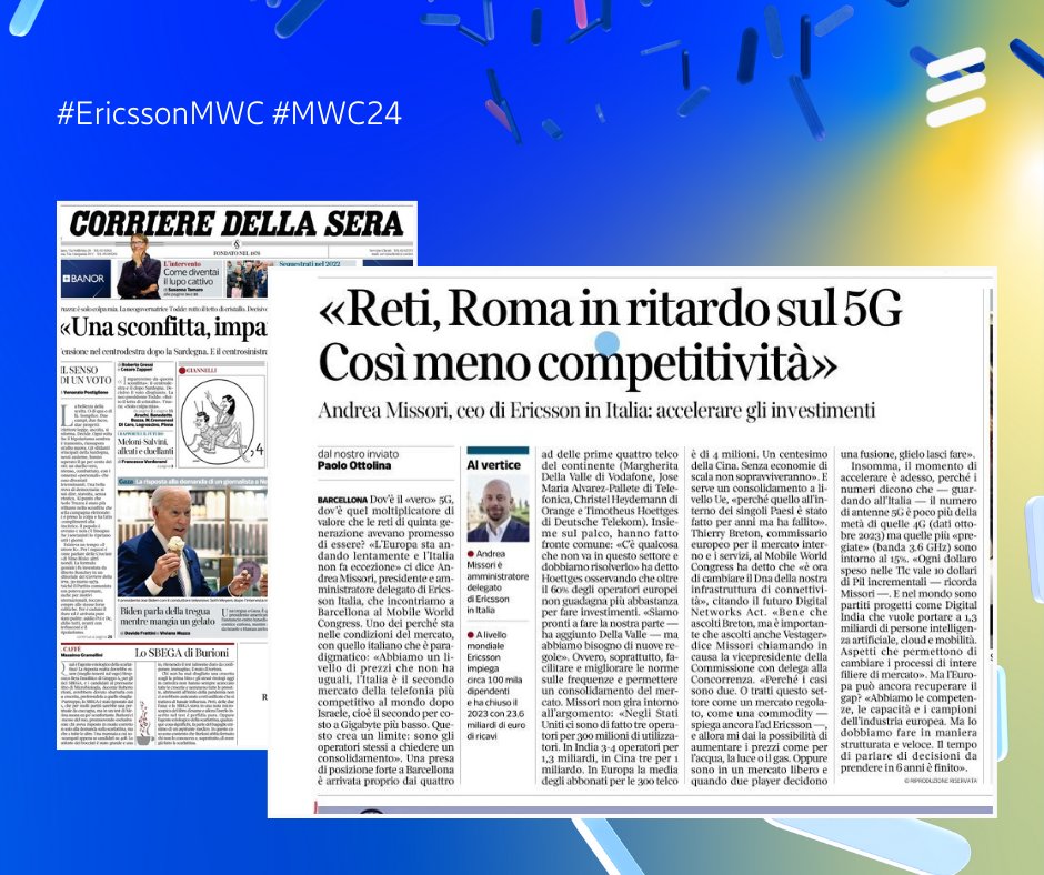 #MWC24 Consolidamento del mercato #telco: Andrea Missori, AD Ericsson, ne parla con il Corriere della Sera.

🔗Leggi qui: m.eric.sn/alOx50QIN2Z

#EricssonMWC