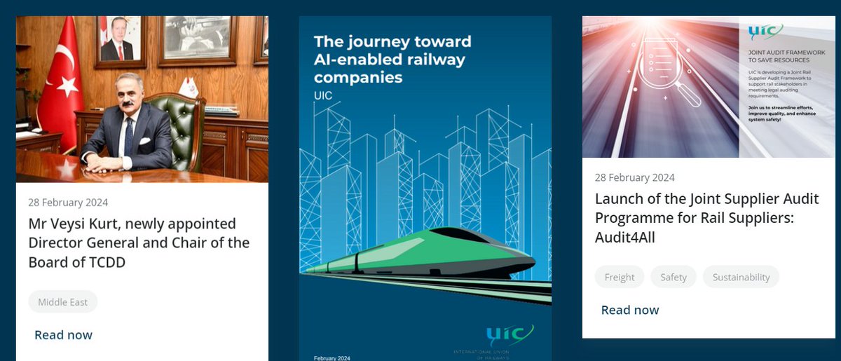 Please find the latest UIC eNews articles on the appointment of Mr Veysi Kurt, as DG & Chair of the Board of TCDD, the new UIC report on the adoption of AI across railway companies & the launch of the Joint Supplier Audit Programme for Rail Suppliers uic.org/com/enews/