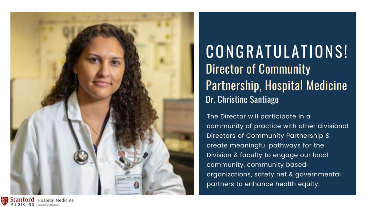 Stanford Division of Hospital Medicine (@stanfordhospmed) on Twitter photo Congratulations Dr. <a href="/cksantiago_MD/">Christine Santiago</a> on her new role as the Divisional Director of Community Partnership! <a href="/Neera_Ahuja/">Neera Ahuja</a> Congratulations Dr. <a href="/cksantiago_MD/">Christine Santiago</a> on her new role as the Divisional Director of Community Partnership! <a href="/Neera_Ahuja/">Neera Ahuja</a>