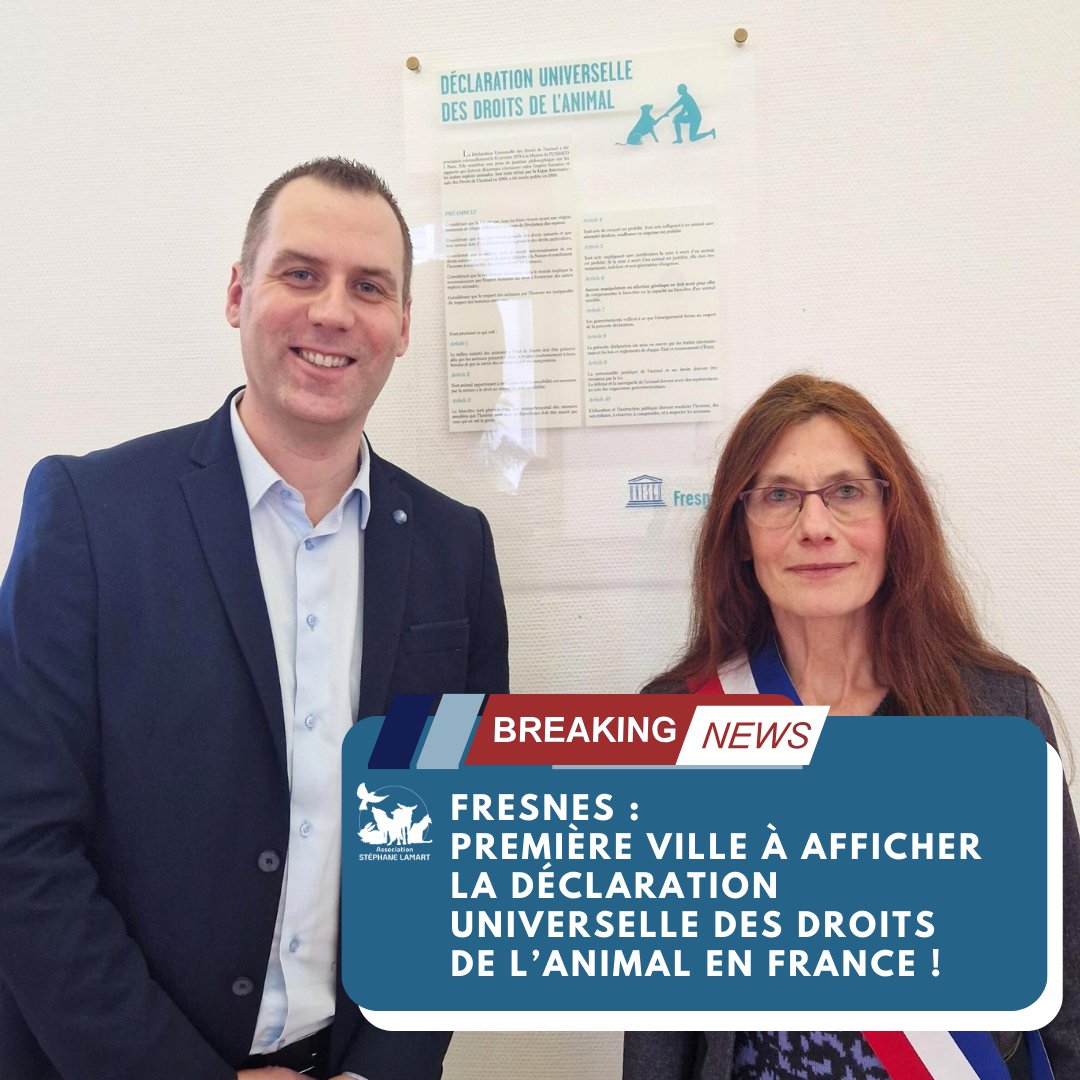 Hier, mardi 27 février, avait lieu l’#inauguration de la pose de la Déclaration Universelle des Droits de l’#Animal à l’hôtel de ville de Fresnes (94)📜

➡️A l’occasion de cet évènement, <a href="/MarieChavanon/">Marie Chavanon</a>, Maire de la <a href="/fresnes_94/">Ville de Fresnes</a>, et Stéphane Lamart, président de l’association