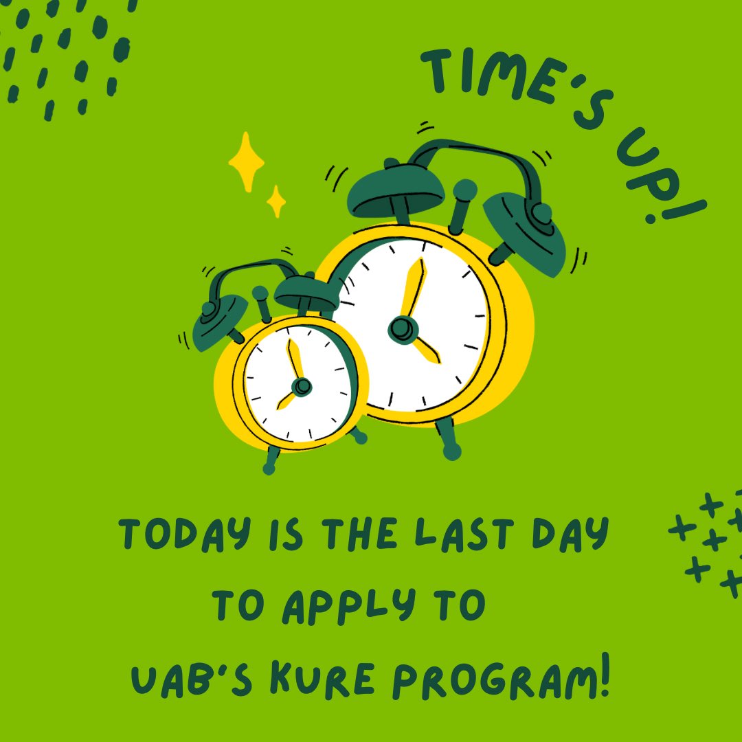 Today is the last day to apply to UAB’s KURE program!
#KUHmmunity #stem #kuhprime #kuhresearch #kidneysarecool #clinicalresearch #summerresearchprogram #summerresearch #uabkure #biomedicalscience #biomedicalresearch