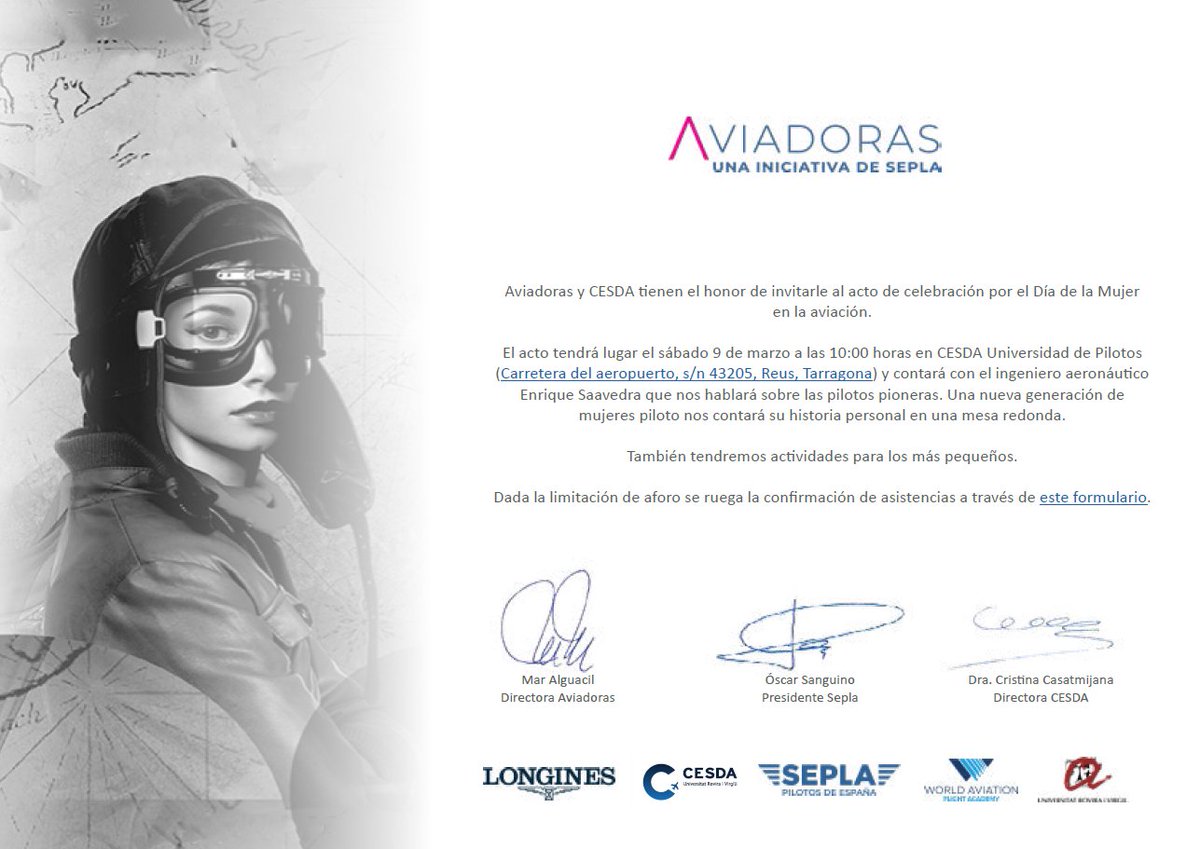 ¿Qué piensan y cómo viven las mujeres la profesión de piloto comercial?
El sábado 9 de marzo celebraremos en CESDA un acto conjuntamente con Aviadoras-SEPLA para dar respuesta a estas preguntas.
Inscríbete en este enlace lnkd.in/dMpjc-sy
