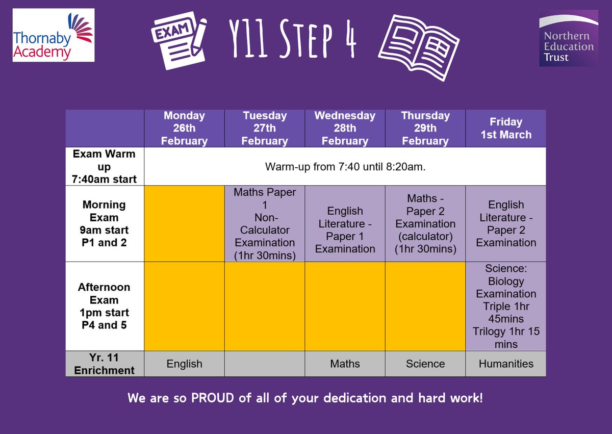We are so PROUD of all of our year 11s'  hard work, effort and dedication shown so far this week for their STEP 4 assessments. A reminder of the timetable can be found below ⬇️ #DoWell #OutcomesFocused