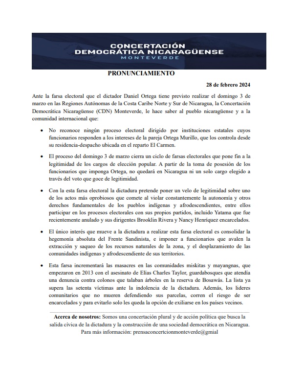 Ante la falta de condiciones para que se realice un proceso electoral libre, justo y competitivo la <a href="/CDNicaraguense/">Concertación Democrática Nicaragüense</a> rechaza la farsa electoral que el dictador Daniel Ortega realizará el 3 de  marzo en las Regiones Autónomas de la Costa Caribe Norte y Sur de #Nicaragua