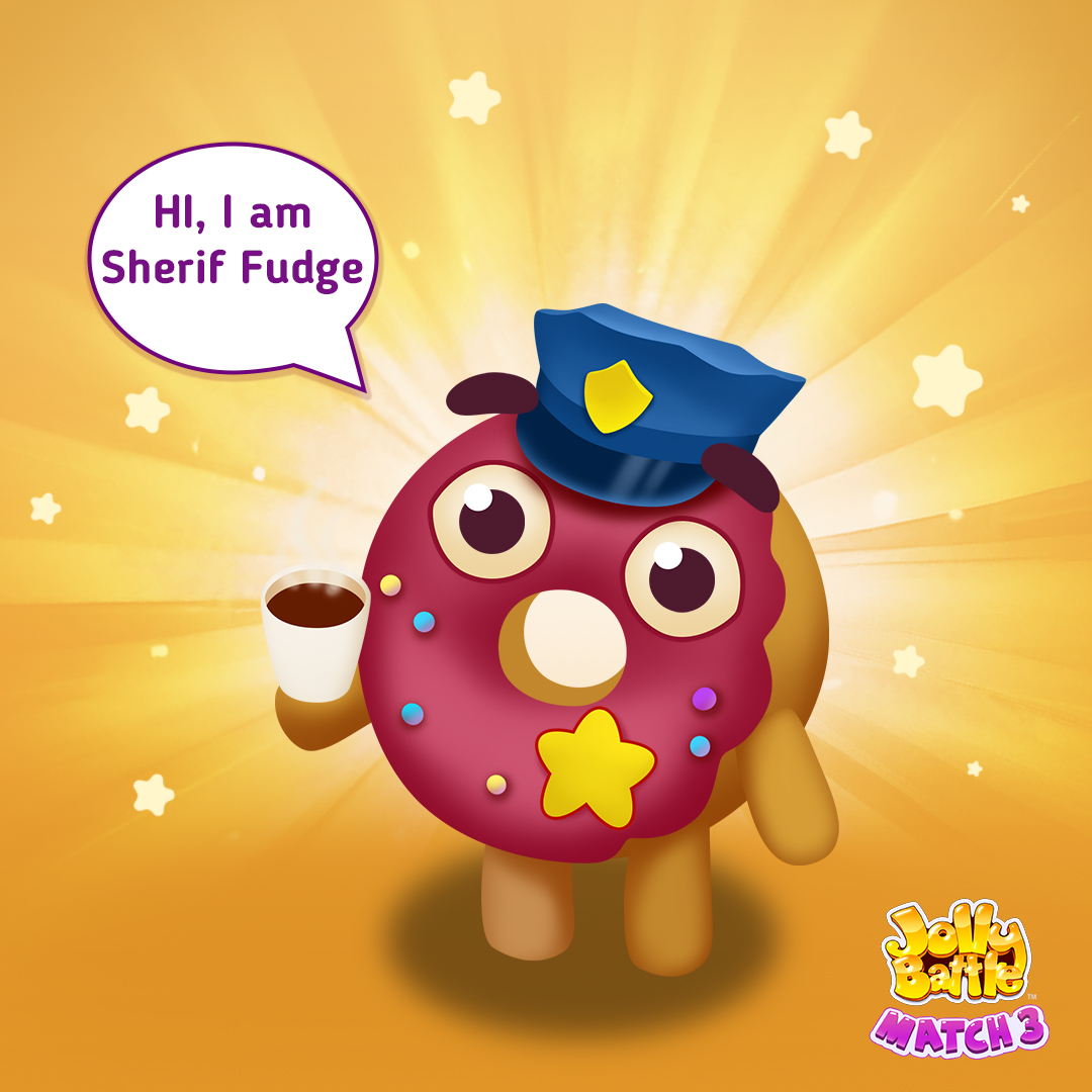 ⭐️Meet the Sheriff Fudge. He is responsible for peace and security on Sugar Island. Do you think the Sheriff has a lot of work to do today? 🍩 Find more cute characters in Jolly Match by Jolly Battle mobile game: jollybattlematch3.page.link/JMfb #indiegame #IndieDevs #jollybattle…