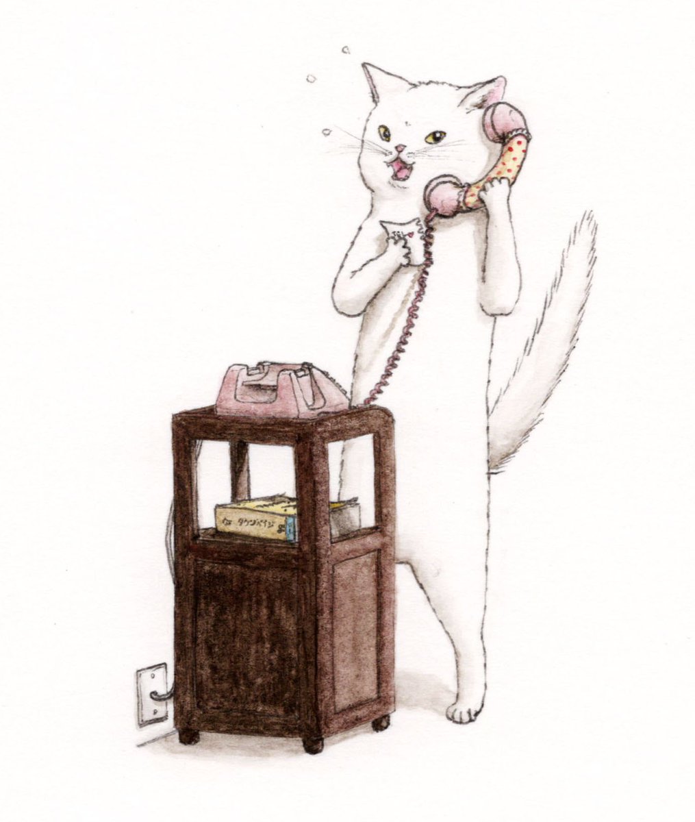 「『あの子に電話をしたら親御さんが出た猫』あ!も…もす!もしもし!?あ、あの、あの」|エルクポットの動物群像絵🐾のイラスト