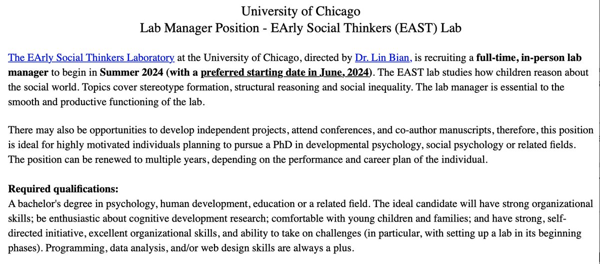 LinBian_'s tweet image. We are hiring a full-time lab manager to study social cognition @UChicago! Ideal for highly motivated students planning to pursue a PhD in dev psych, social psych or related fields. Please share this info to anyone who might be interested. Apply here: uchicago.wd5.myworkdayjobs.com/External/job/C…