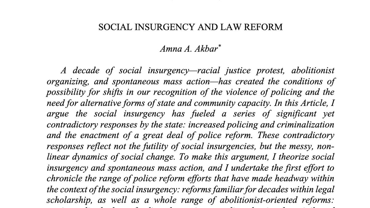 My latest paper -- Social Insurgency and Law Reform -- about the last decade of racial justice protest, abolitionist organizing, and spontaneous mass action; and the wide range of reforms it produced. Now up at SSRN: papers.ssrn.com/sol3/papers.cf…