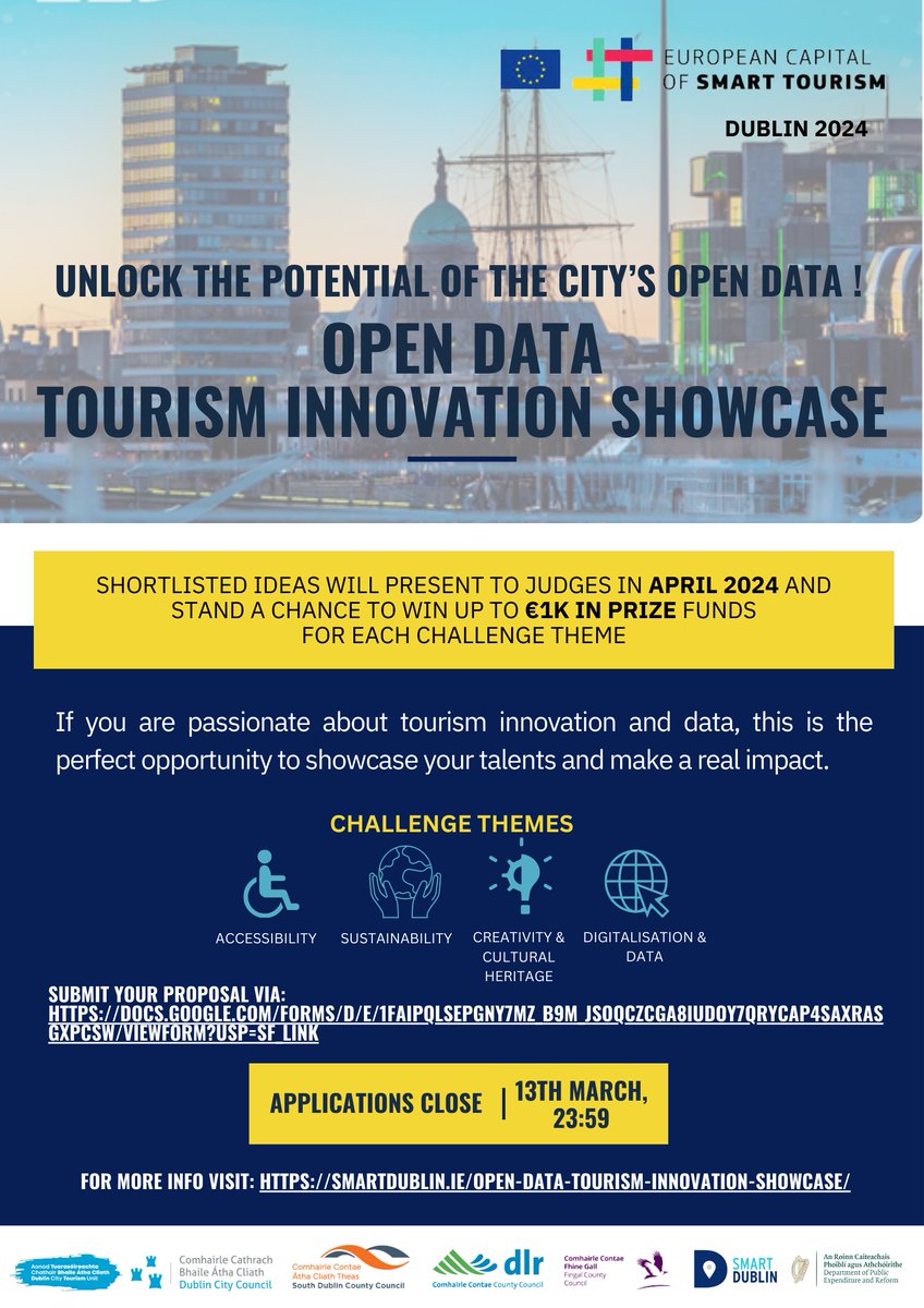🚨 DEADLINE EXTENDED 13th of March 2024, 23:59 Ready to shape the future of Tourism? Join Dublin’s Open Data Tourism Innovation Showcase! 🌟 The Open Data Tourism Innovation Showcase is an opportunity to develop innovative ideas, solutions, prototypes or proof of concepts to