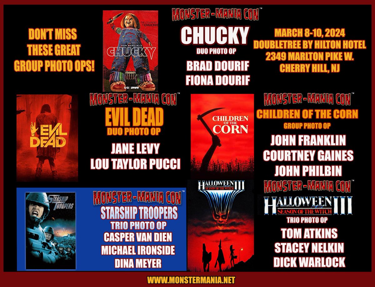 TICKETS:
checkout.conventions.leapevent.tech/eh/MONSTER_MAN…
PHOTO OPS
monstermania.net/mmc-58-photo-o…

#Chucky #MontyPython #Insidious #SOA #Halloween #SNL #evildead #SamRaimi #ghostbustersfrozenempire #JohnCleese #KateySagal #JonLovitz #BradDourif #mckennagrace #LinShaye #starshiptroopers #monstermania #cosplay