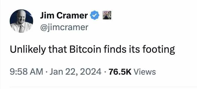 5 weeks ago, Jim Cramer said #Bitcoin "is unlikely to find its footing."

$BTC is up 55% since then.