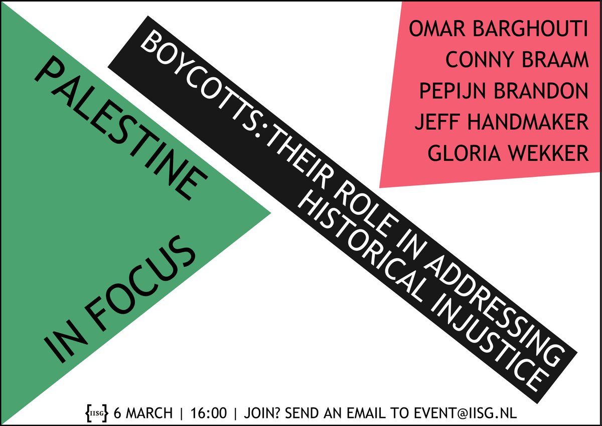 Next week! Part I of the series Palestine in Focus discusses the role of the Boycott, Divestment, and Sanctions Movement and comparisons with past boycott movements such as the Anti-Apartheid Movement in South Africa in addressing historical injustices. iisg.amsterdam/en/events/pale…