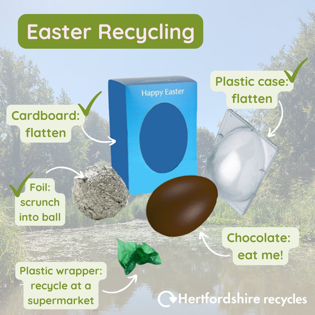 Creating lots of egg-stra waste this week?🥚🍫 Remember to scrunch up your foil into a golf ball size and pop it in your recycling along with any plastic casing and cardboard. There are lots of plastic-free Easter eggs so look for those where possible. hertfordshire.gov.uk/easter