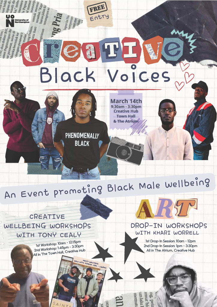 Join us at the University of Northampton for a special event on University Mental Health Awareness Day! Creative mental health workshop for Black and Brown Males, open to students, staff, and the community. Art, photography, and more! Don't miss out! #MentalHealth #UON