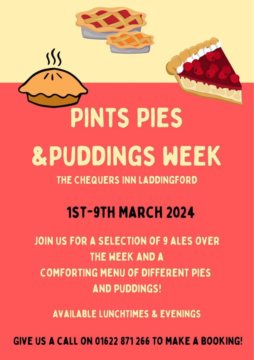 This year’s Pints, Pies and Puddings week at <a href="/Chequers_Pub/">Chequers Laddingford</a> in #Laddingford runs from 1-9 March. 

We’ll be going by <a href="/nuventure1/">NU-VENTURE: the green buses in Kent & Medway</a> bus on Sat 2 March, leaving Maidstone 1140.
