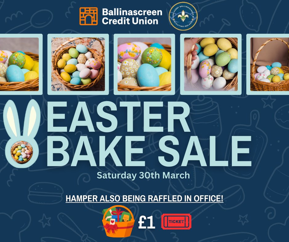 Join us for a sweet cause this Easter!  We're teaming up with the 33rd Derry Ballinascreen Scouts for a bake sale on Saturday, March 30th in our office. Indulge in treats while supporting a great cause. Plus, don't miss out on the chance to win a hamper in our £1 raffle! 🎉