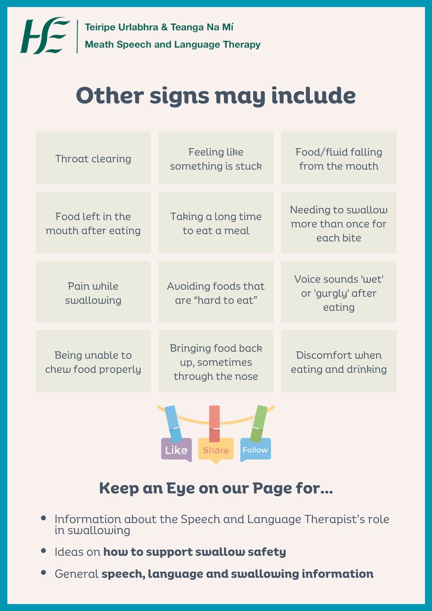 Speech and Language Therapists play a key role in the assessment and management of swallowing difficulties. Do you recognise the potential signs of swallowing difficulties? #Dysphagia #SwallowDifficulty #SafeSwallowing #SLT #SLP #MeathSLT