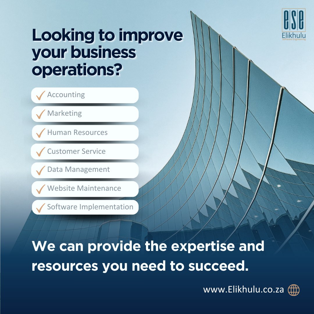 _Elikhulu's tweet photo. Ready to elevate your business operations? 🚀 From software engineering to accounting, marketing, HR, customer service, data management, web maintenance, and software implementation - we've got you covered! Let's take your business to the next level together.  #BusinessSolutions https://t.co/q809CwJpoc