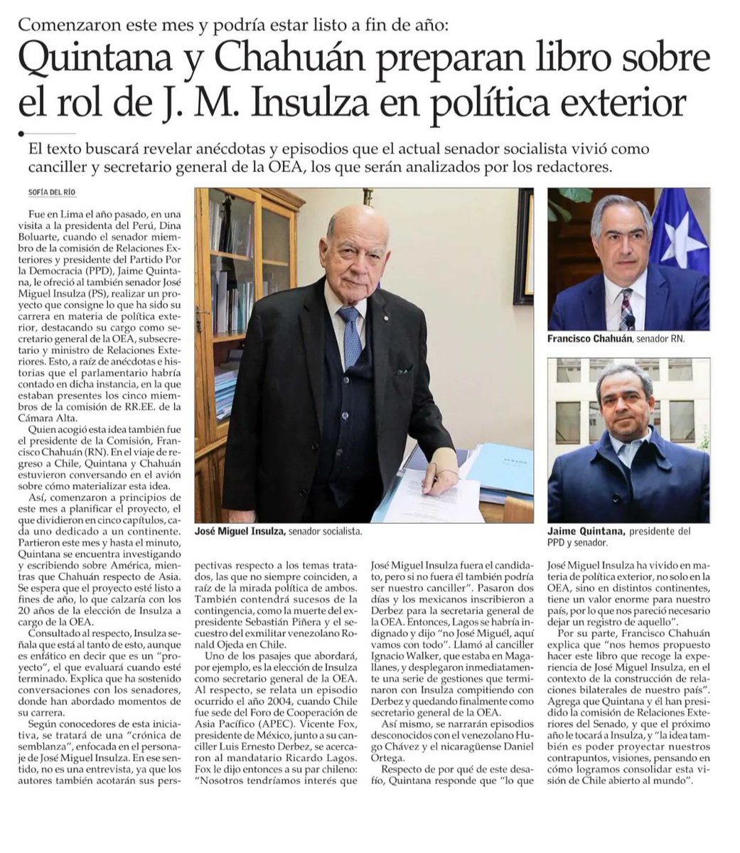 Política exterior chilena se caracteriza x transversalidad y visión de Estado. Una muestra fueron los 10 años de @Insulza al mando de la OEA. Agradezco generosidad del senador Insulza para compartir sus vivencias y el ánimo del senador @chahuan para colaborar en este proyecto 📒.