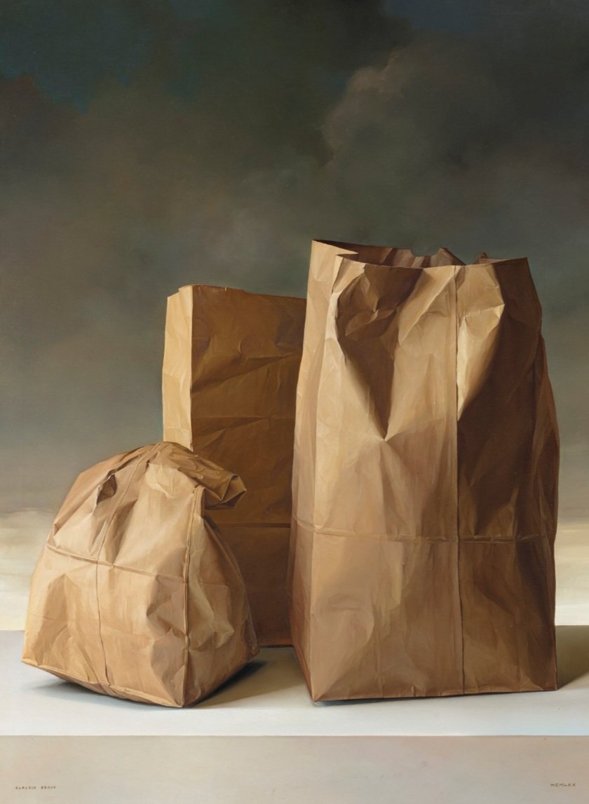 'Paper bags.' (1970) Claudio Bravo's meticulously painted images of mundane, everyday objects and scenes have a photographic quality to them; his ability to depict creases, indentations and folds in his still life work has been compared to that of Francisco de Zurbarán and