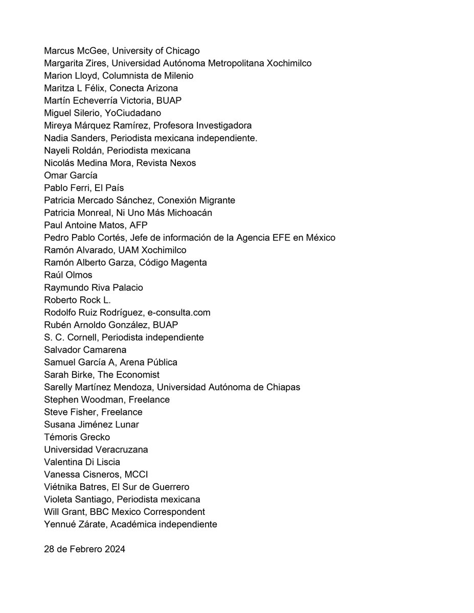 #MEXICO: Open letter by correspondents and Mexican journalists in response to last week's doxxing of @nytimes Mexico bureau chief @nataliekitro by president @lopezobrador_, requesting that the president exercise right to reply without placing reporters at risk. #123periodistas