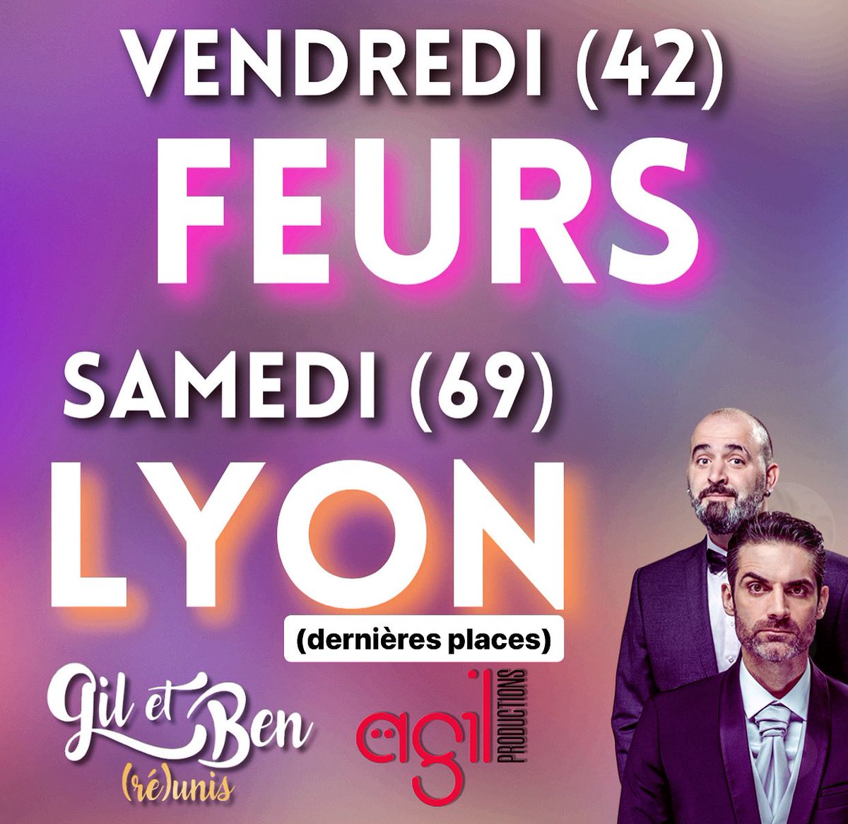 🔥 Vendredi #FEURS (42)
&amp; samedi #LYON (69) (dernières places) 🔥
Feurs : le-kft.com/produit/gil-al…
Lyon : theatrealouest.com/lyon/spectacle…
✨
<a href="/gilalma/">Gil Alma</a> <a href="/BenoitJoubert4/">Benoit Joubert</a>