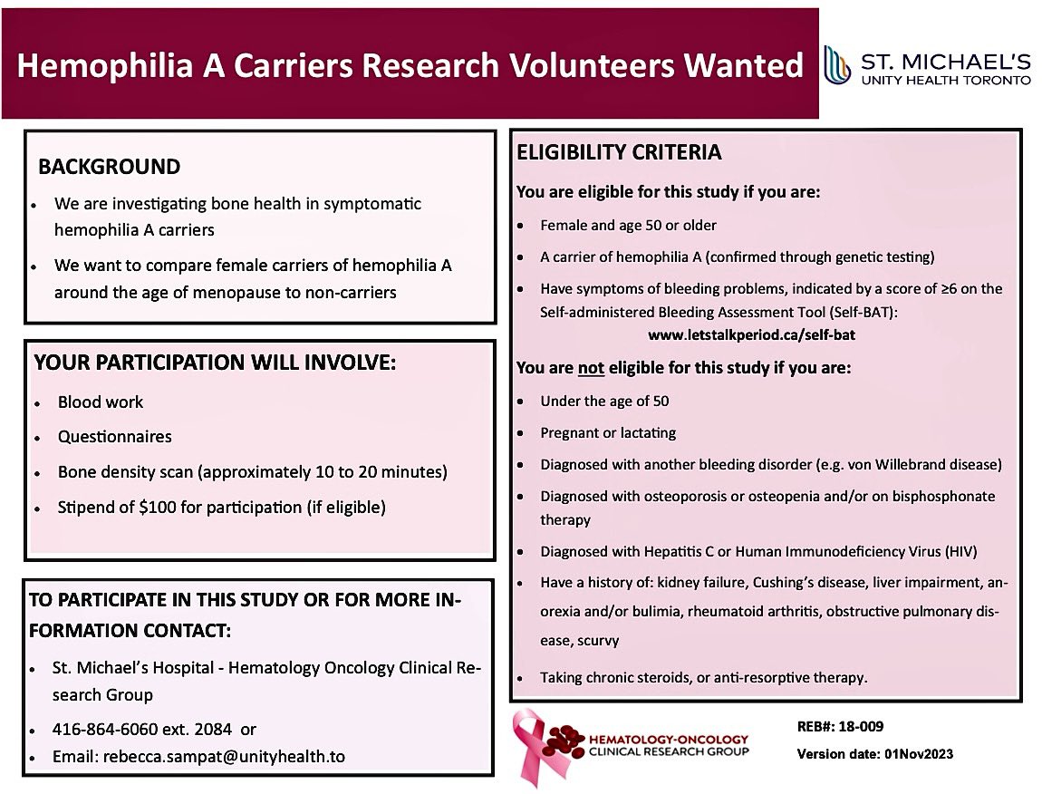 Hemophilia Ontario (@hemoontario) on Twitter photo If you are interested in participating in this study, please see the poster attached.
If you are eligible, please contact Grace Tang (grace.tang@unityhealth.to) for more information. If you are interested in participating in this study, please see the poster attached.
If you are eligible, please contact Grace Tang (grace.tang@unityhealth.to) for more information.