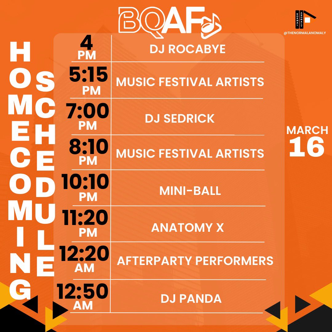 We be ALL NIGHT!!!! BQAF: Homecoming AND the Afterparty (with the Mini-Ball) is gonna be going from 4pm until 2am, and this schedule is PACKED!!! Check out the schedule and make sure you are there on-time so you don't miss any of the festivities! normalanomaly.org/bqaf/