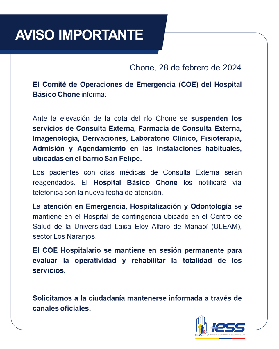IESS_Manabi's tweet photo. #IESSteInforma📣| Ante la elevación de la cota del río Chone, el @IESS_Manabi informa las medidas adoptadas ⤵️ https://t.co/Jb50az6I7A