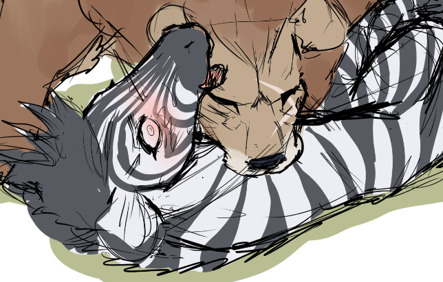 feralfrenzyanim's tweet photo. Predator vs. Prey. Who will win in this Zebra vs. Lion match?  Of course this lion has no interest in EATING the zebra. Well.. Not in a traditional sense anyway.. <3   

Check out this new AMAZING comic page wip now up for VIP! Final version release tomorrow!  

https://t.co/amwKXR8uBA 
#nsfwart #feralnsfw #feralfurry #feralyiff #etheross