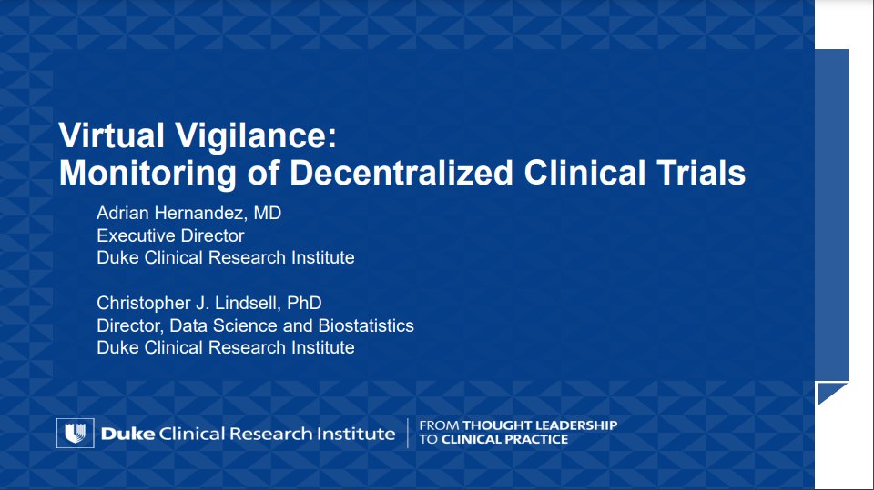 📣 Webinar recording and slides now available: 

'Virtual Vigilance: Monitoring of Decentralized Clinical Trials' with Adrian Hernandez @texhern and Chris Lindsell of @DukeMedSchool 

🔗 bit.ly/49OZLza #pctGR